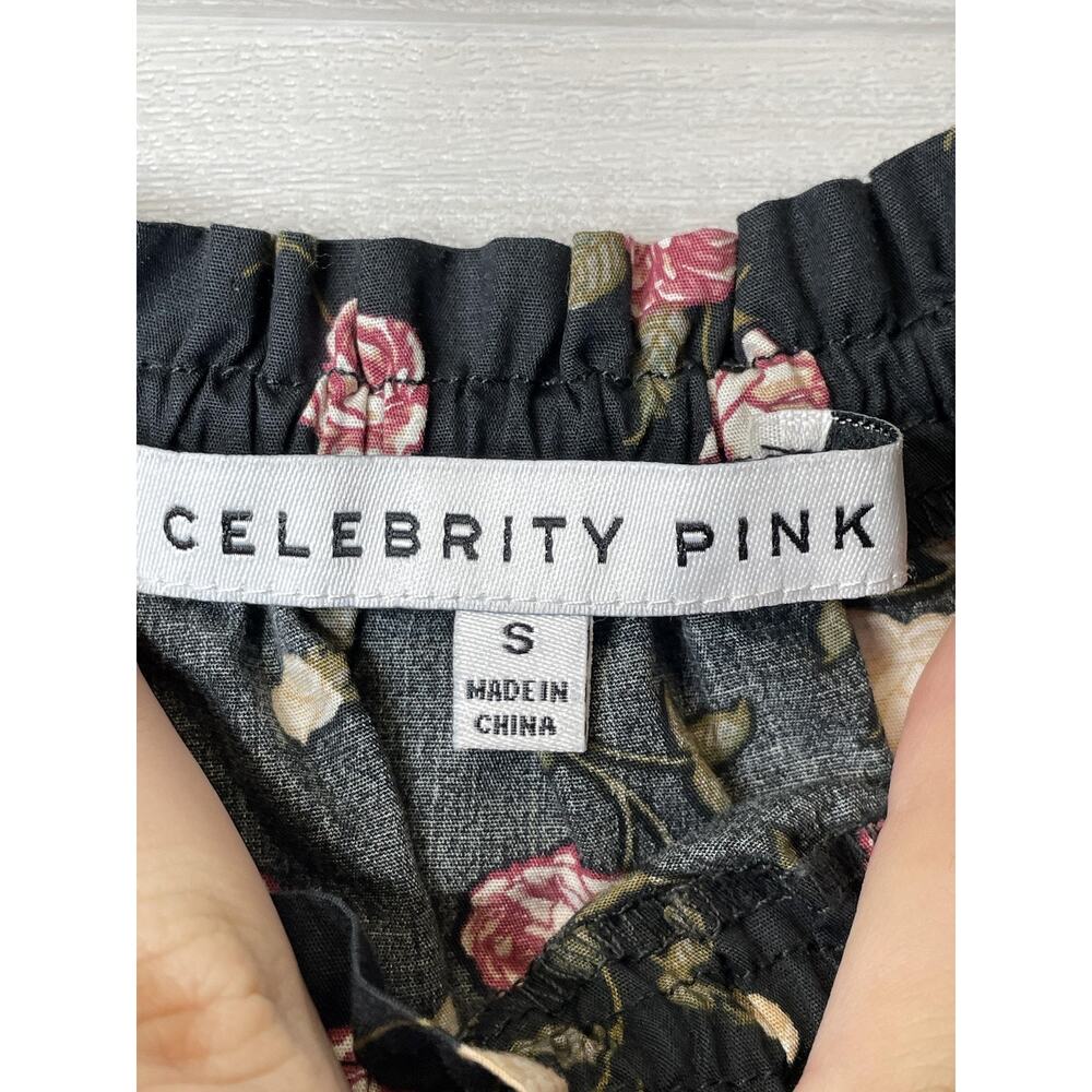 Celebrity Pink Blouse Womens Small Black Floral Puff Sleeve Smocked Peasant Top‎ - Picture 6 of 10